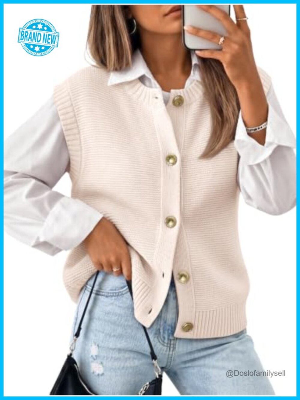 Women's Cotton Blend Sweater Vest Sleeveless Button Down Crew Neck Knit